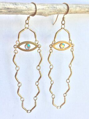 Rhinestone Evil Eye Long Gold Chain Earrings